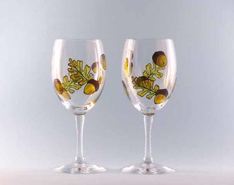 Hand Painted Fall Wine Glasses - Fall Wine Glasses - Acorn Wine Glasses - Fall Wine Glass Gift - Set of Two