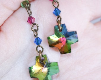Crystal Rainbow Cross Dangle Earrings