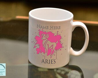 ARIES Sign of the Zodiac Astrology Sublimation Mug Horoscope Birthday Gift Add a Name and Choose From Fifteen Main Graphic Colours.
