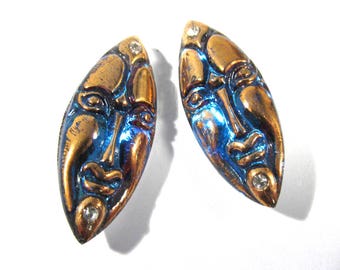 Czech Glass Button, Moonglow Glass, Tribal Mask, Dark Blue, Gold Luster, Clear Rhinestones Two (2) Buttons, Jewelry Sewing Supply (G347)