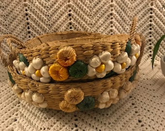 Vintage Woven Raffia Floral Basket Set
