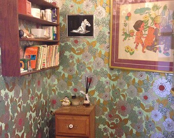 Vintage Wallpaper, 1970's floral metallic wallpaper, Boltatex full rolls, vintage wallpaper