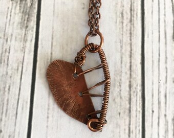 Copper Heart Necklace, Sweetheart, Wire Wrapped Heart Necklace, Handmade Jewelry, Rustic Love Necklace, Gifts for Her, Mend Broken Heart