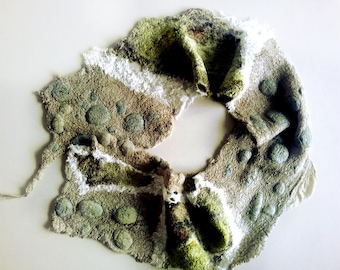 Greys and Grass Green Textured Felt Scarf - Winter Spring Scarf Eco Fashion