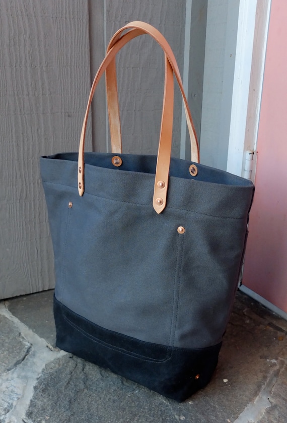 Blue Canvas Bag With Leather Handles | semashow.com