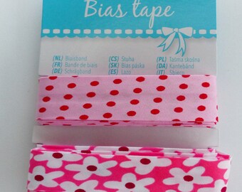 2 bias tucked band pink polka dots and flower 2 X 2.5 meters width 20 mm