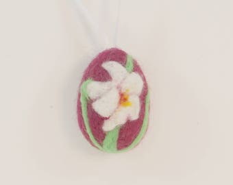 Needle Felted Miniature Easter Egg - Mini Egg Ornament - Lily on Burgundy Egg - Holiday Decoration - Easter Gift