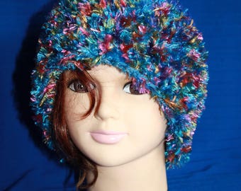 Blue and multicolored fancy yarn and wool very warm hat