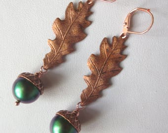 Genuine Copper Oak Leaf and Acorn Leverback Earrings