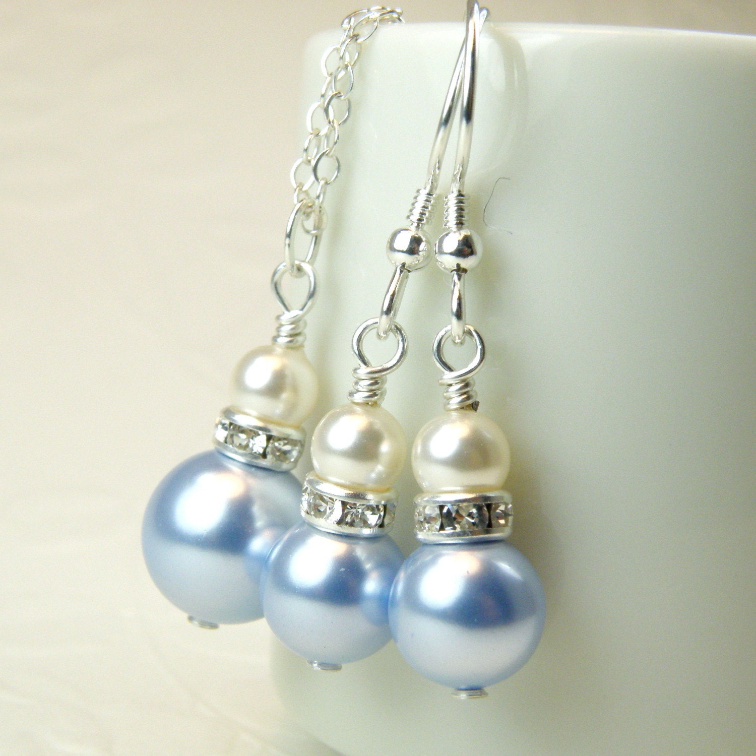 Light Blue Pearl Jewelry Set Swarovski Pearl Necklace and