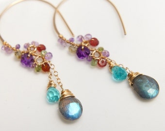 Labradorite Chandelier Earrings, Colorful Gemstone Jewelry, Purple Earrings, Gold Filled