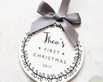 Personalised Baby’s First Christmas Bauble Christmas Decotation – Grey