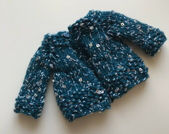 Blythe doll hand knitted teal sparkle cardigan