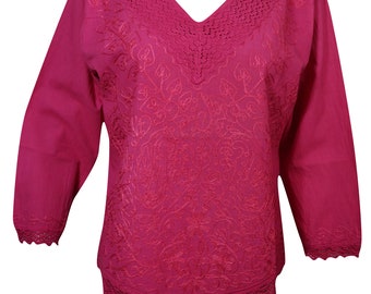 Bohemian Womens Peasant Blouse Top Pink Lace Work Embroidered Cotton Comfy Summer Tops M