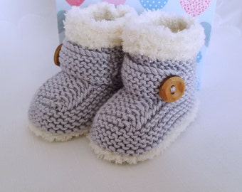 Knitted Baby Booties - Baby Boys Booties - Handmade Snug Bootees - 0-3 Months, 3-6 Months, 6-9 Months, Silver Grey - Handmade Baby Gift
