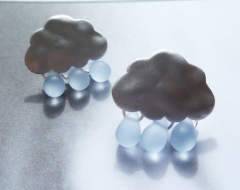 Rain drop cloud earrings in silver w/ blue glass droplets - Raindrops Keep Falling on My Head - white gold with .925 sterling silver posts