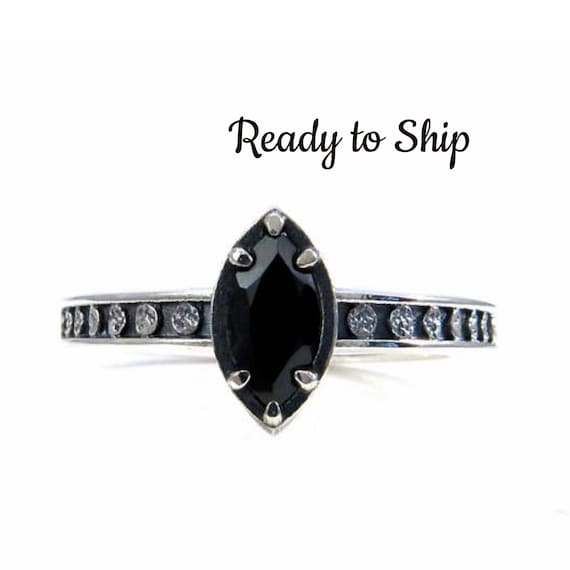 Ready to Ship Size 6-8 Black Spinel Marquise Moon Phase Sterling Silver Solitaire Engagement Ring