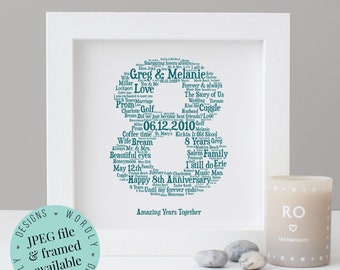 Personalised 8th ANNIVERSARY GIFT - Word Art - Printable Gift - Framed Print - 8 Years - 8th Wedding Anniversary - Bronze Anniversary