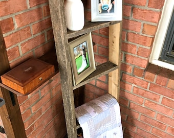 Reclaimed Wood Ladder Shelf - Wood Blanket Wood Ladder, Rustic Ladder,