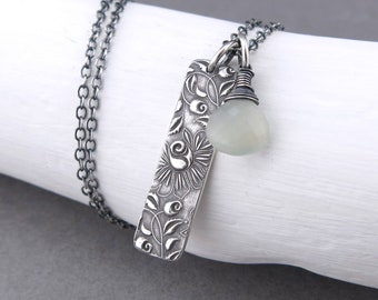 Gray Moonstone Necklace Floral Pendant Necklace Simple Silver Necklace Gemstone Jewelry Boho Necklace Handmade Silver Jewelry - Solo