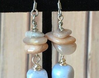 Peach Moonstone and Blue Lace Agate Earrings