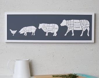 Large Butcher Print - butcher poster - butcher chart - fathers day - butcher diagram - Long meat cuts print - Gift for Dad - Gift for chef