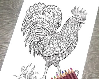 Printable Coloring Page JPG - Adult Colouring Page, Instant Download only, Art Printable illustrations - "Magic Totem" - Cock