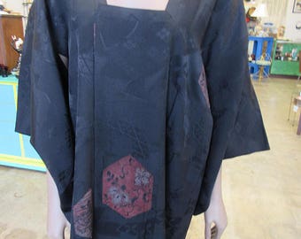 Japanese Black and Red Silk Kimono