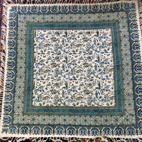 Authentic original tapestry art, hunting scene with horses, the king and deer, block printed tablecloth, hunting scene