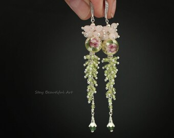 Cluster Earrings Green Earrings Long Earrings Tensha Bead Earrings Gemstone Earrings Peridot Earrings Bridesmaid Earrings Everyday earrings