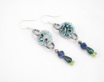 Earrings-Grubbi ceramic buttons-sodalite-malachite-peridot-dangles on surgical steel earring findings-green buttons-gift for her-OOAK-sewing