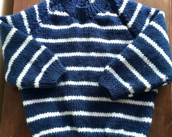 Hand knitted baby jumper navy blue white stripes sweater striped stripy nautical classic sailor Breton French 12 months upwards