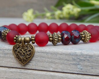 Valentines Bracelet, Heart Charm Bracelet, Valentines Gift, Heart Bracelet, Dark Red Bracelet, Love Bracelet, Sweetheart Bracelet,