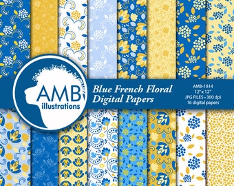 Blue Floral Digital Papers, Provence floral papers, blue vintage flowers, Blue digital papers, blue and yellow floral pattern, AMB-1814