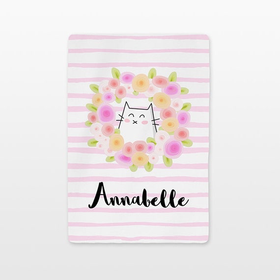 Cat Floral Baby Blanket Personalized Custom Name Baby Girl Throw Minky Soft Fleece Kids New Baby Gift Idea Cute Flower Wreath Stripe Pink