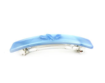 Hair Barrette with French Clip, Blue Stained Glass, Raised Leaf Design