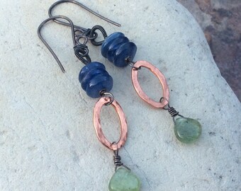Green KYANITE Earrings with blue Kyanite, mixed metals, silver copper, handmade green gemstone earrings, Angry Hair Jewelry