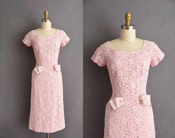 vintage 1950s Gray Rose pink cotton lace wiggle dress Small Medium 50s VLV hip hugging wiggle dress