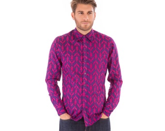Mens 100% Cotton Long Sleeve Slim Fit Shirt Purple Print