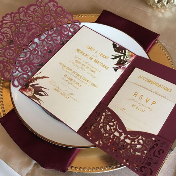 Laser Cut Pocket Wedding Invitation Kit Burgundy Wedding