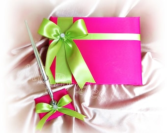 Hot pink and lime green wedding guest book and pen set