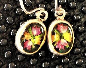 VIntage Silver Wildflower Pink Yellow Flowers Green Glass Dome Earrings Pierced Wear or Repurpose into Charms Pendants