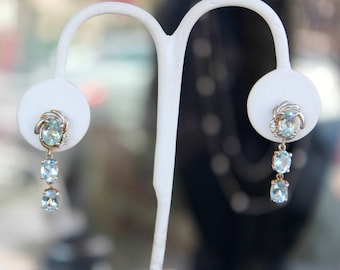 Triple Aquamarine Earrings with Diamonds Drops Vintage