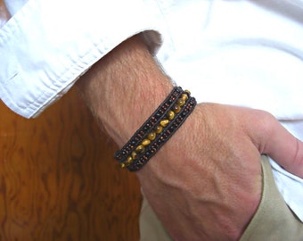 Tiger Eye,Dark Topaz/Jet Black Glass Beaded 3 Rows Dark Brown Leather Cuff Men's Bracelet, Men's Jewelry, Men's gift, Gift for him