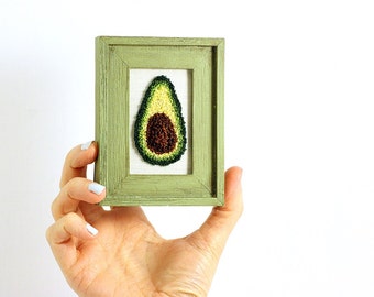 Avocado in a Mini Green Weathered Frame. Punchneedle Fiber Art. Home, Office, or Kitchen Decor. Green, Brown. Gift for Foodie