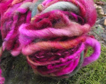 Handspun yarn, handpainted,Super Bulky Thick and Thin Art Yarn, Burly Spun Felted wool art yarn-Painting Roses