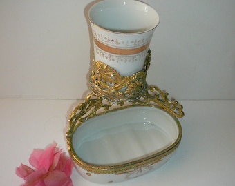 Vintage Baroque Ormolu Soap Dish Cup Holder Elegant Brass Porcelain Matson Stylebuilt Era by VintageReinvented