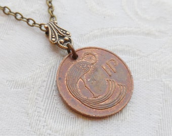 A Pence for Your Thoughts, Reversible Irish Vintage Coin Necklace, 1988, Harp and Ornamental Bird