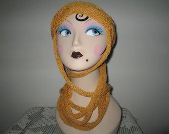 Tan Ininity Rope Scarf Knitted Homemade by SuzannesStitches, Tan Multistrand Light Weight Scarf, Light Weight Rope Scarf, Gold Lariot Scarf