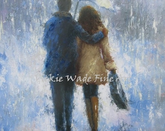 Rain Romance Art Print lovers in rain loving couple walking